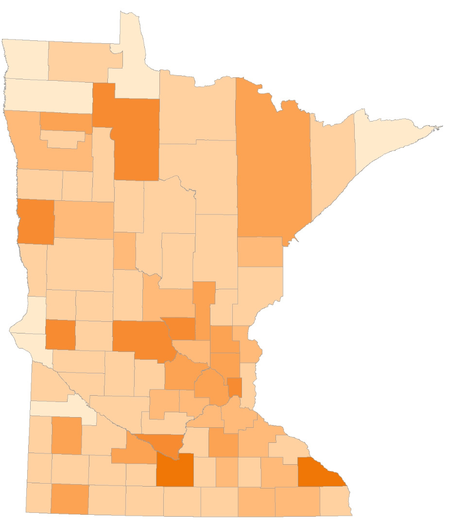 Election day registration by county. Counties with darker shades had a higher percentage of voters register when they voted