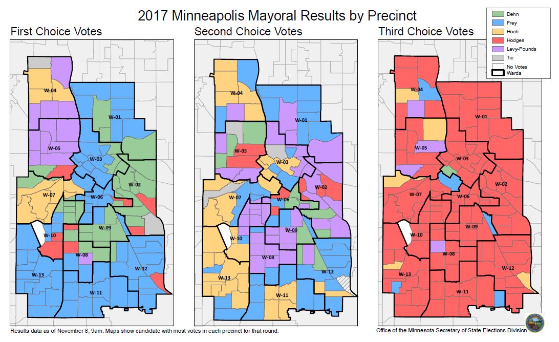 Displays Minneapolis mayoral candidate with greatest votes in each precinct for all three choices