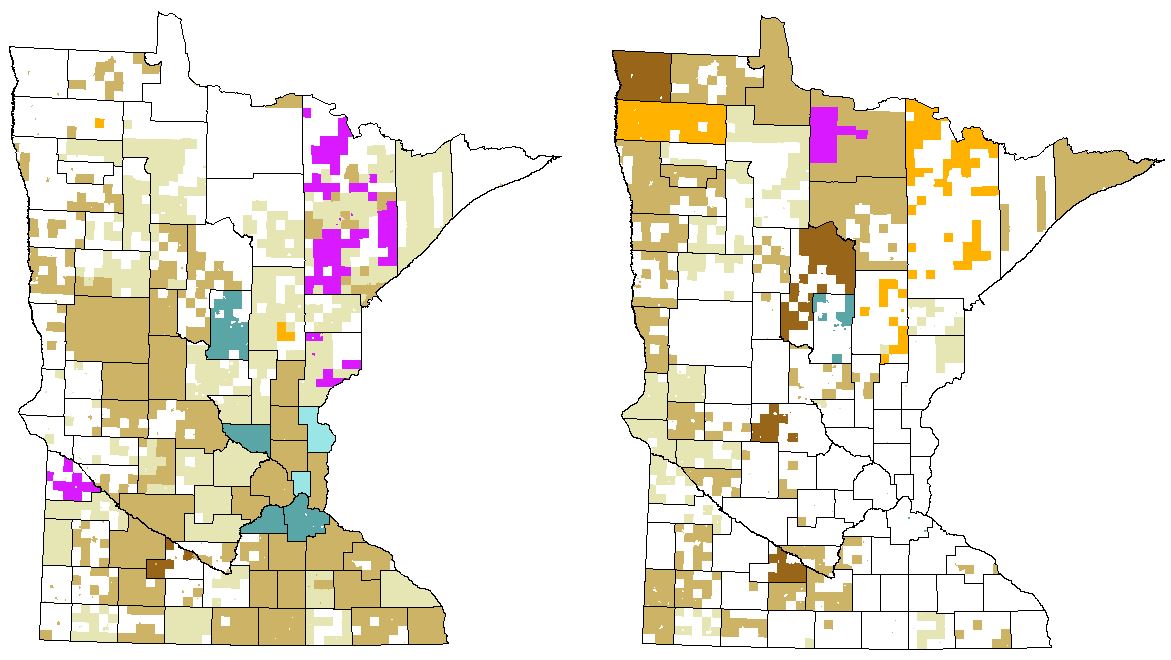 Voter tabulation equipment by precinct. Map on left is precincts with polling places, map on right is mail ballot precincts. Colors represent different models of equipment, see pdf for details.