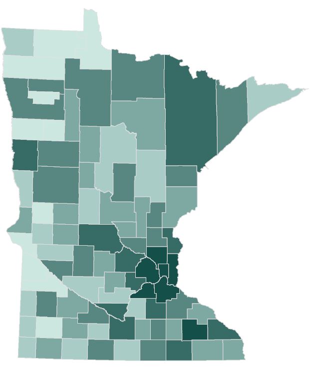 Absentee voting by county. Counties with darker shades had a larger percent of ballots cast via absentee voting.