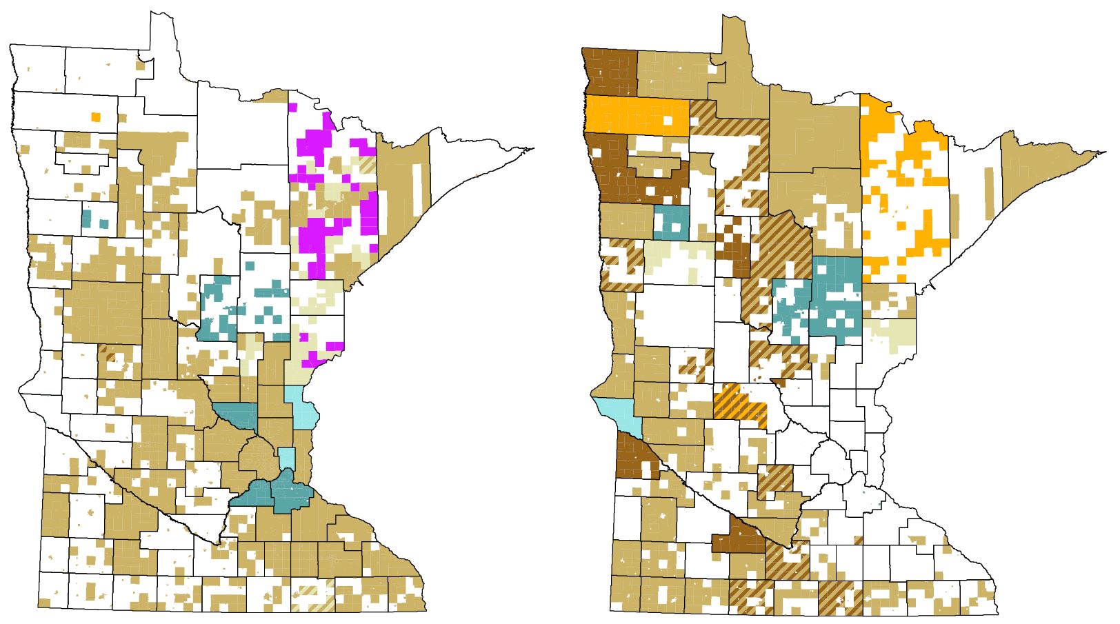 Voter tabulation equipment by precinct. Map on left is precincts with polling places, map on right is mail ballot precincts. Colors represent different models of equipment, see pdf for details.