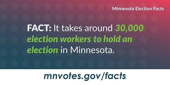 Minnesota Election Facts. Fact: It takes around 30,000 election workers to hold an election in Minnesota. mnvotes.gov/facts